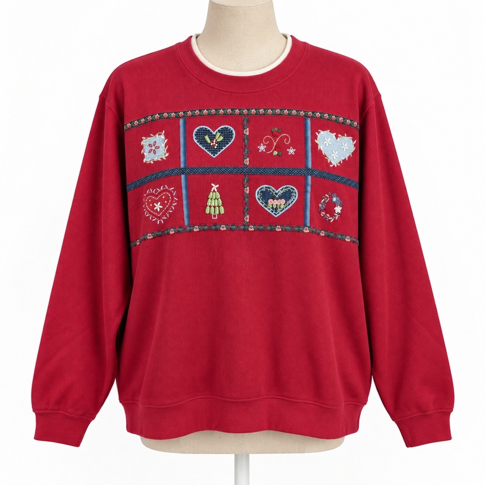 Vintage 90s Quilted Embroidered Christmas Sweatshirt Size M Pet Red Cottagecore